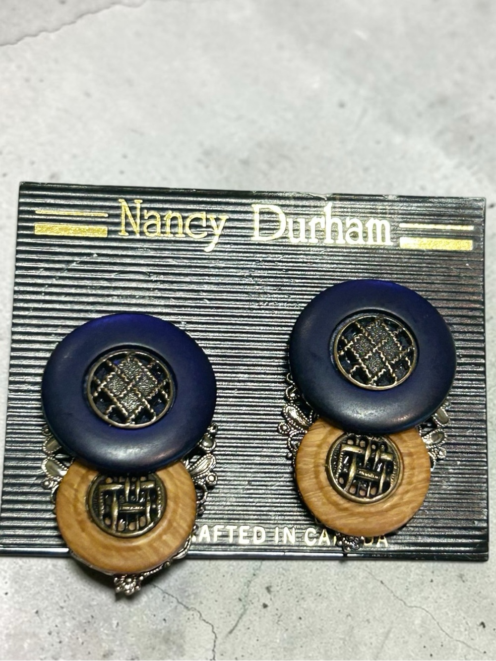 Nancy Durham Vintage Blue Brown Wooden Filigree Stacked Button Pierced Earrings